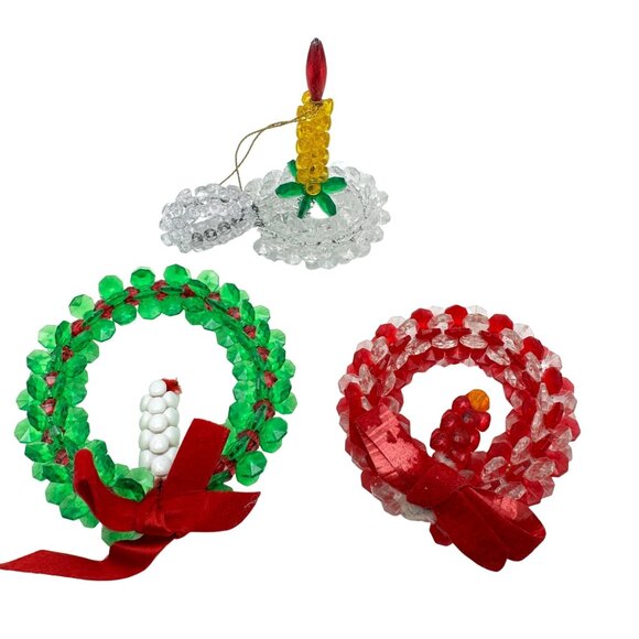 Handmade Christmas Candle Wreath Ornaments Plastic Bead Red Green White 3 Pc Vtg - Picture 1 of 10